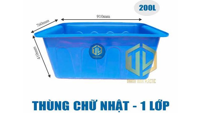 Thùng nhựa chữ nhật 1 lớp 200L