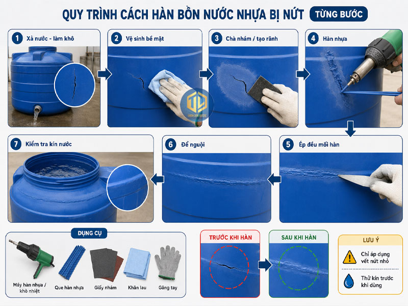 Cách hàn bồn nhựa bị nứt, thủng theo từng bước