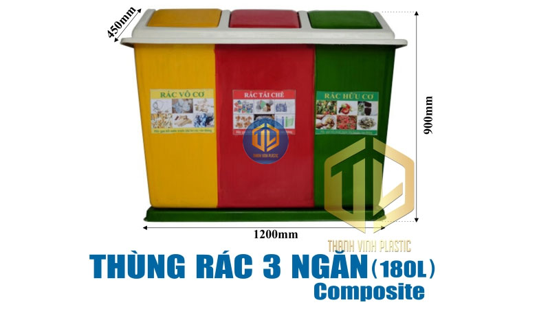 Thùng rác 3 ngăn Composite 180 lít